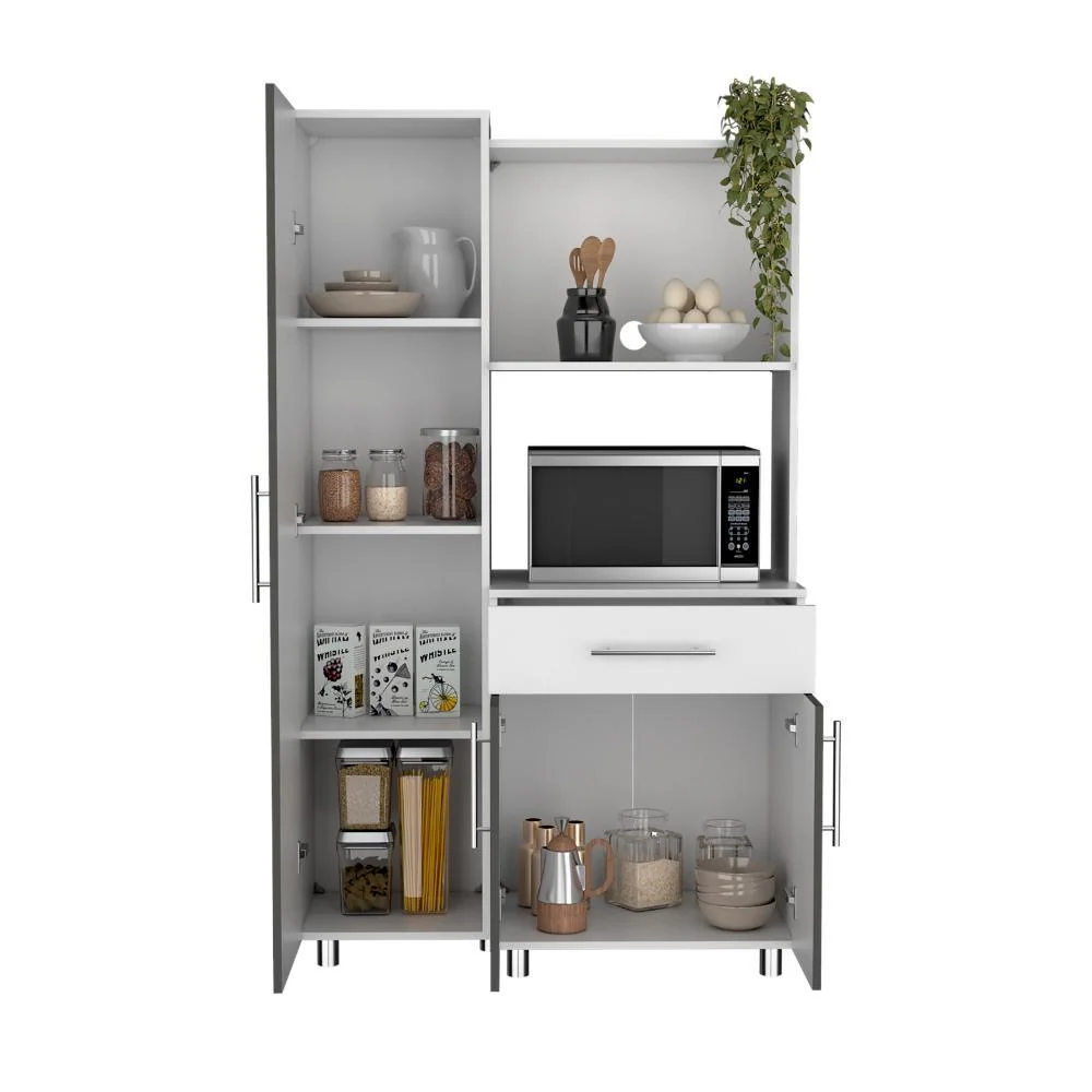 Alacena Panter, Blanco Duqueza y Plata Oscuro, con espacio para microondas puertas abatibles y un cajon Virtual Muebles ZF