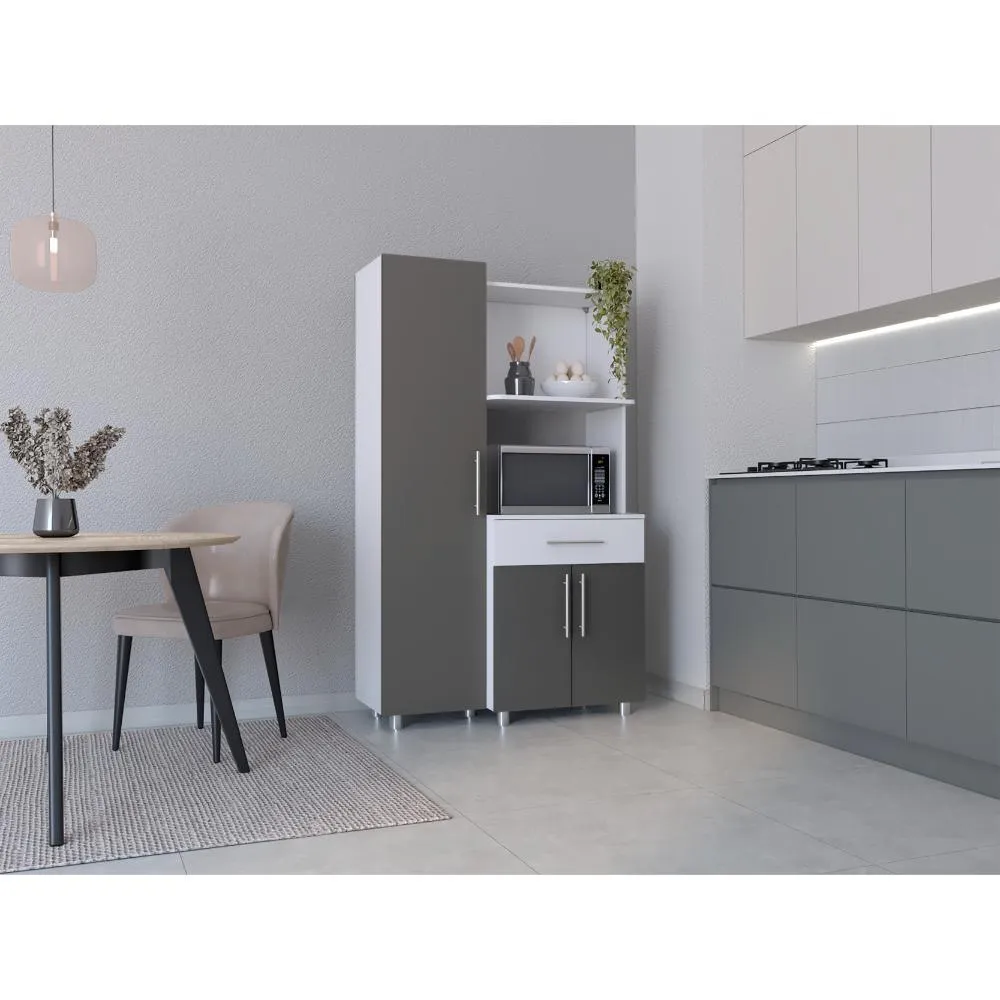 Alacena Panter, Blanco Duqueza y Plata Oscuro, con espacio para microondas puertas abatibles y un cajon Virtual Muebles ZF