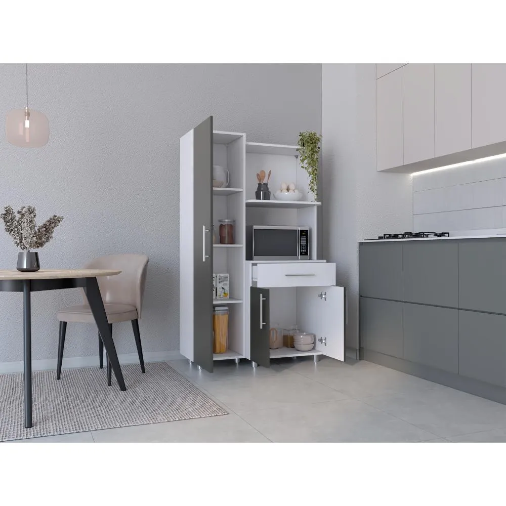 Alacena Panter, Blanco Duqueza y Plata Oscuro, con espacio para microondas puertas abatibles y un cajon Virtual Muebles ZF
