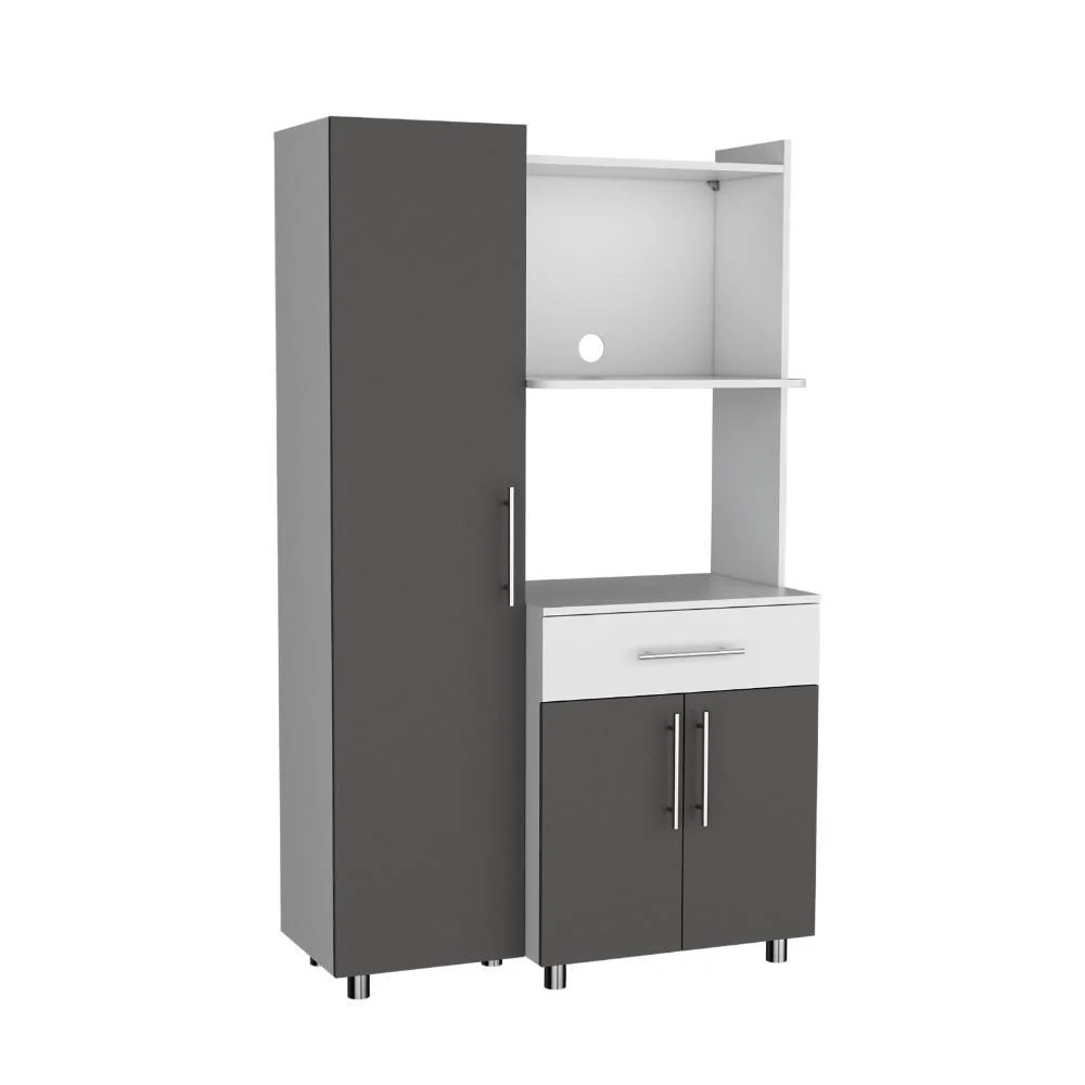 Alacena Panter, Blanco Duqueza y Plata Oscuro, con espacio para microondas puertas abatibles y un cajon Virtual Muebles ZF