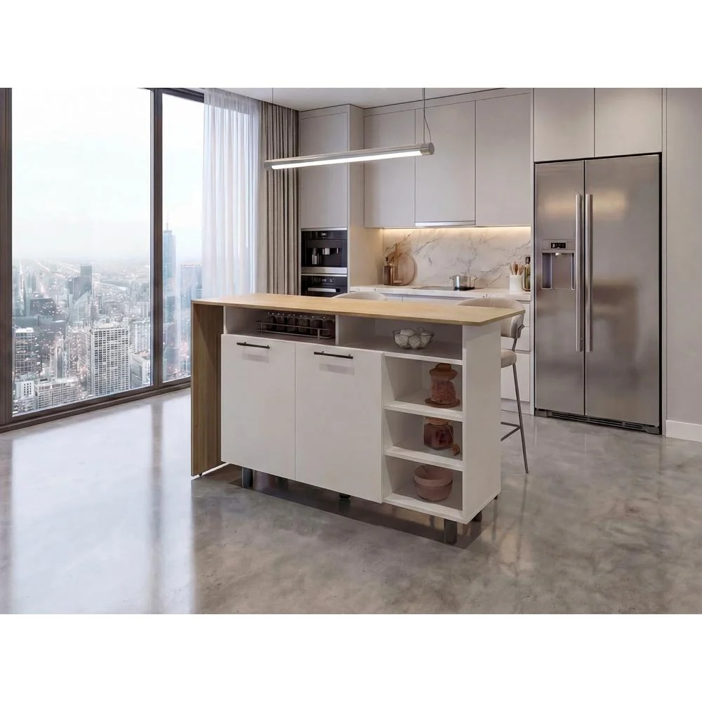 Barra de Cocina Corsia, Kronos Blanco y Kronos Fresno, con Dos Puertas Abatibles ZF Virtual Muebles ZF
