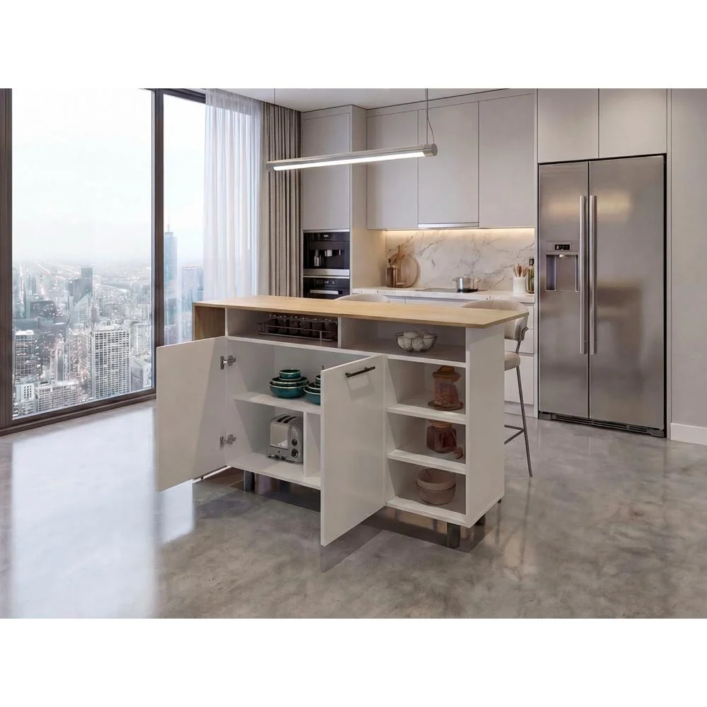 Barra de Cocina Corsia, Kronos Blanco y Kronos Fresno, con Dos Puertas Abatibles ZF Virtual Muebles ZF