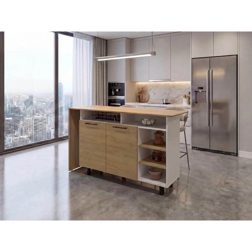 Barra de Cocina Corsia, Kronos Fresno y Kronos Blanco, con Dos Puertas Abatibles ZF Virtual Muebles ZF