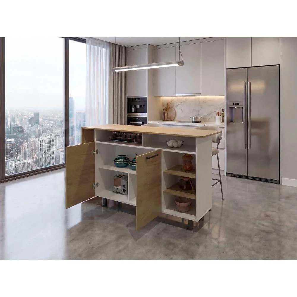 Barra de Cocina Corsia, Kronos Fresno y Kronos Blanco, con Dos Puertas Abatibles ZF Virtual Muebles ZF