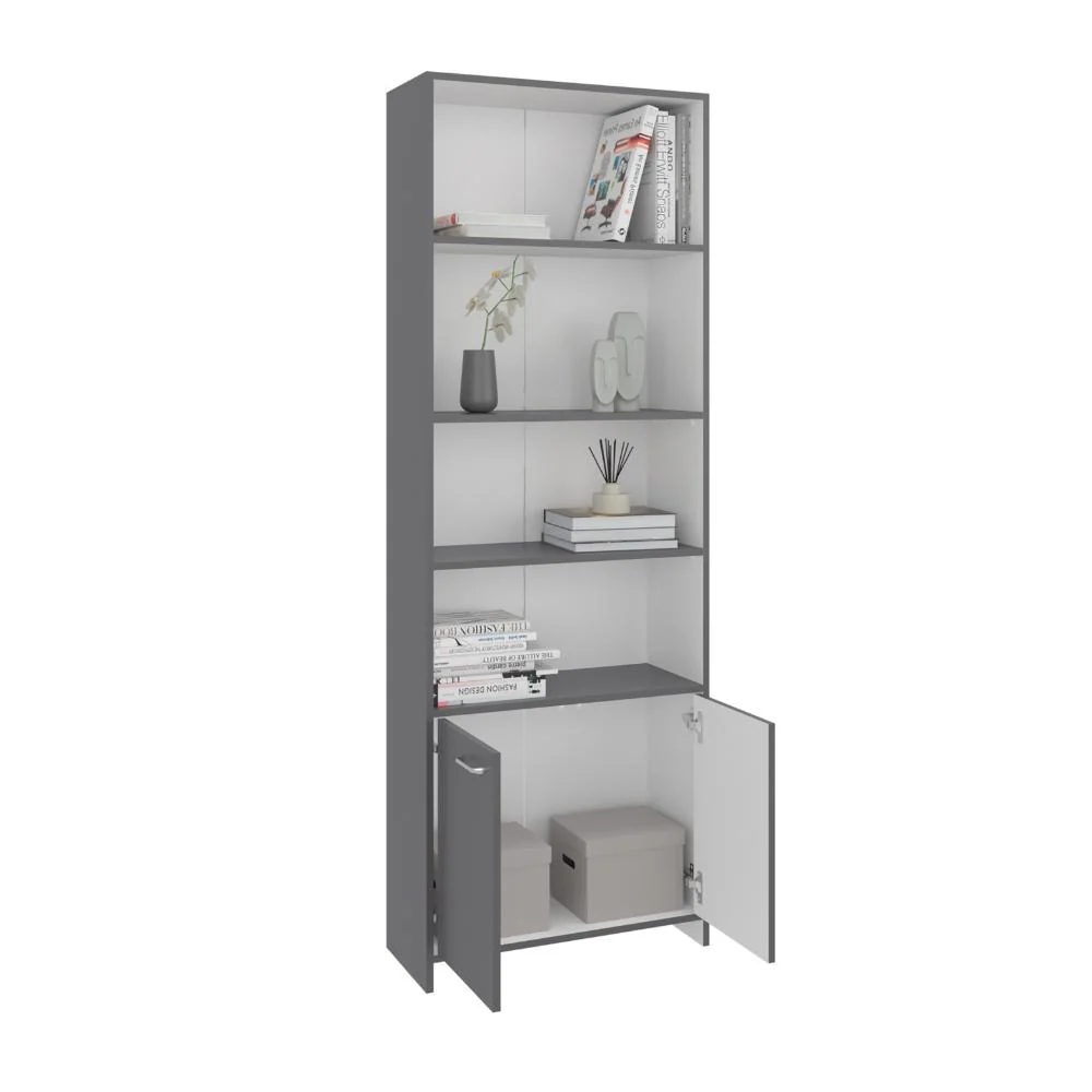 Biblioteca Milán, Plata Oscuro y Blanco, con Dos Puertas Abatibles y Cuatro Entrepaños ZF Virtual Muebles ZF