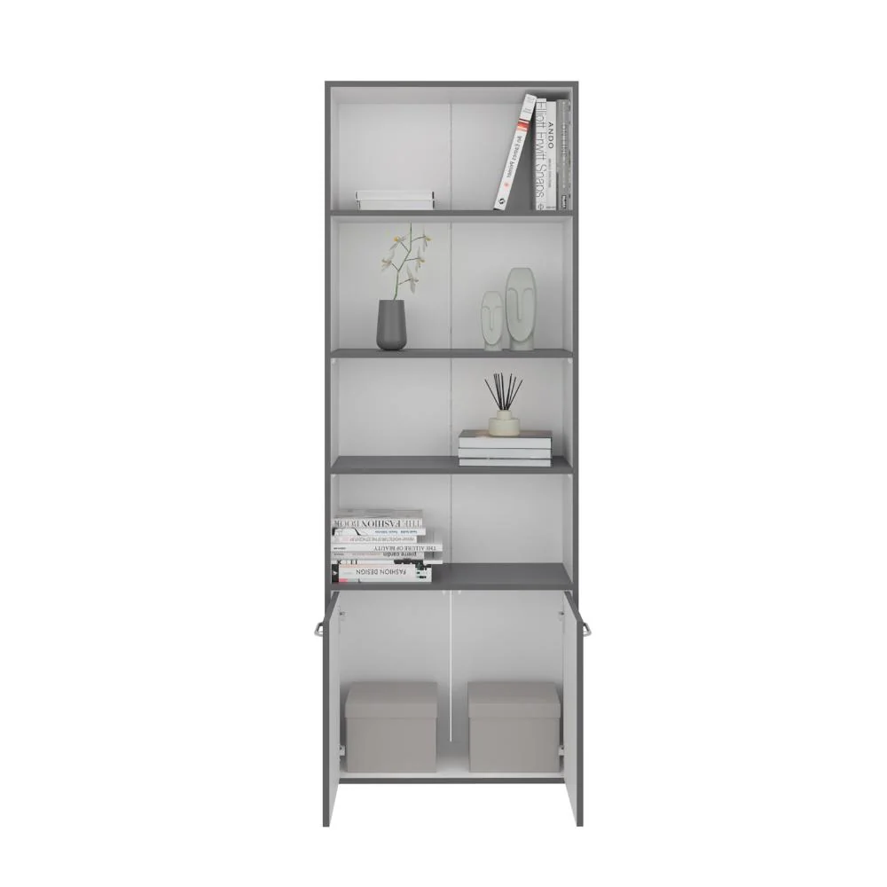 Biblioteca Milán, Plata Oscuro y Blanco, con Dos Puertas Abatibles y Cuatro Entrepaños ZF Virtual Muebles ZF