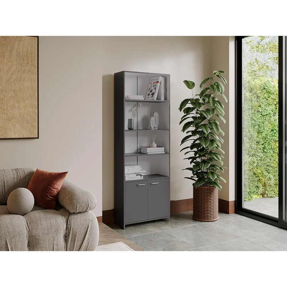 Biblioteca Milán, Plata Oscuro y Blanco, con Dos Puertas Abatibles y Cuatro Entrepaños ZF Virtual Muebles ZF