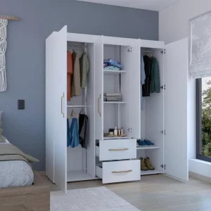 Closet Bariloche Bombay Eco, Blanco Duqueza y Dorado, Con Variedad De Entrepaños y Cuatro Puertas Abatibles ZF Virtual Mue...