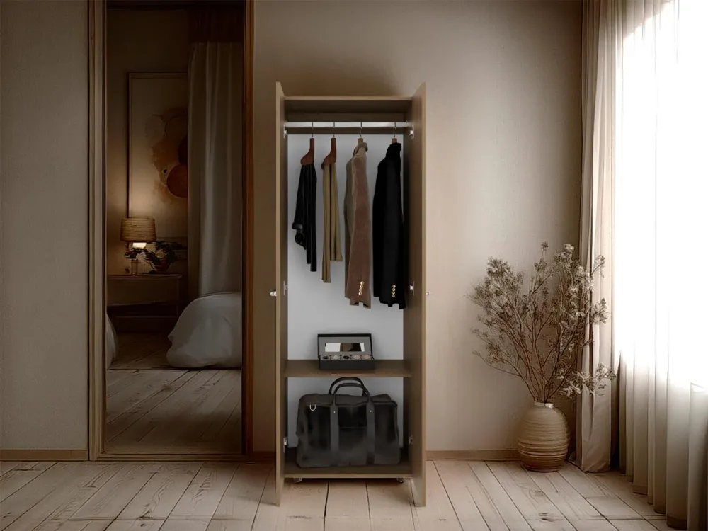 Closet Beico, Fresno Europeo y Blanco Duqueza, Con Dos Puertas Abatibles y Un Tubo Cromado ZF Virtual Muebles ZF