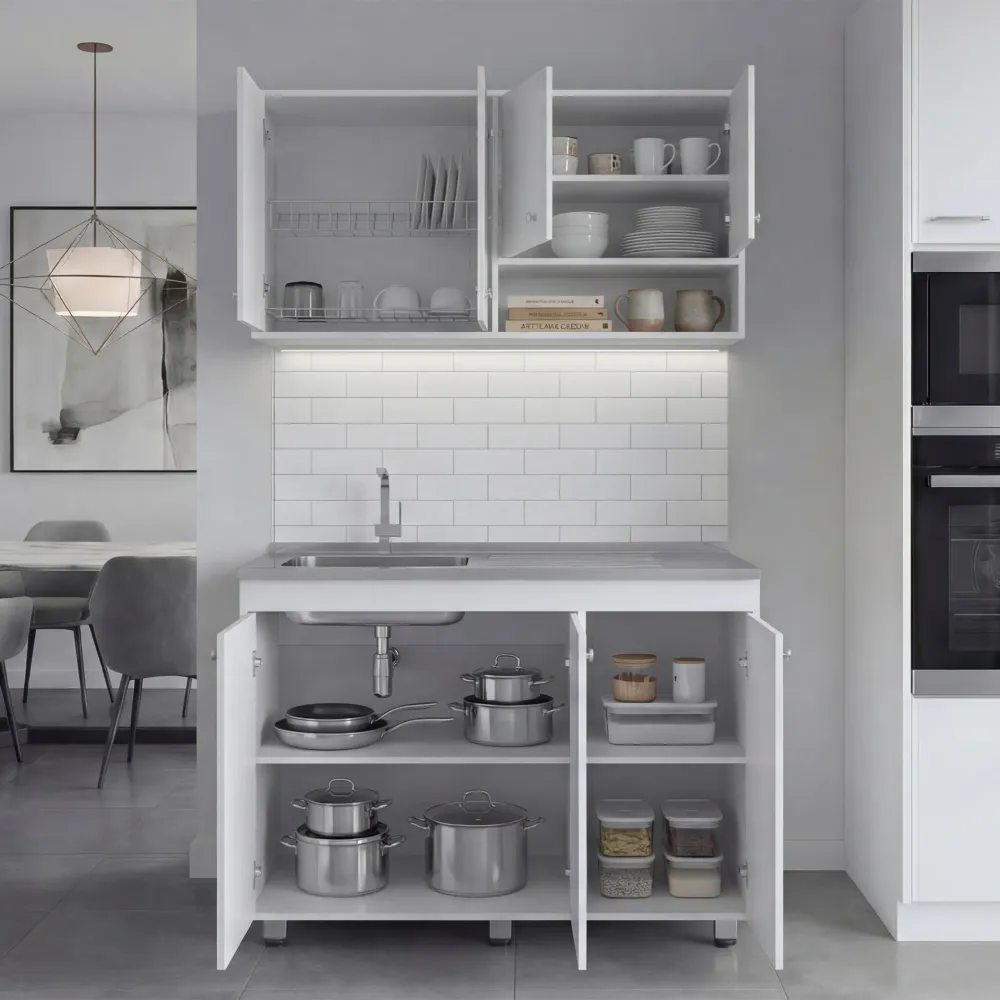 Cocina Completa Napoleon, Kronos blanco, Incluye modulo superior con dos puertas abatibles y modulo inferior con tres puer...