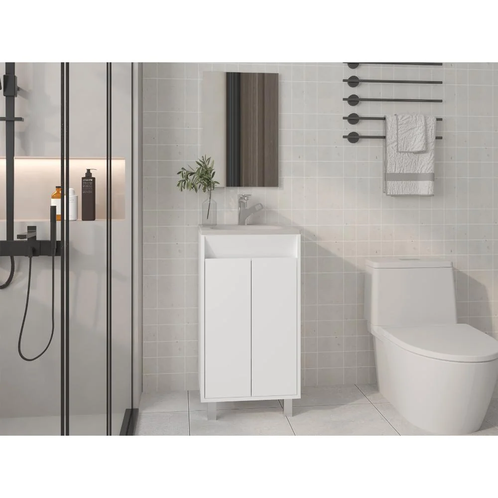 Combo Mueble Para Lavamanos Brandy, Blanco Duqueza, Incluye Lavamanos Praia 45 y Espejo ZF Virtual Muebles ZF