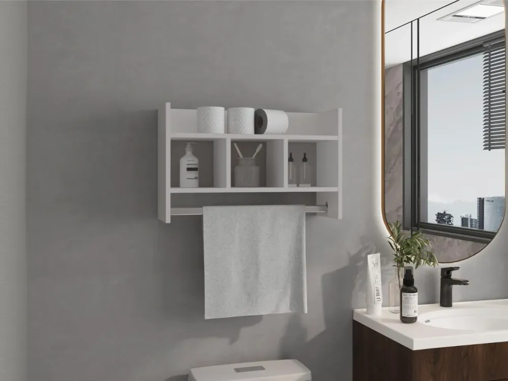 Gabinete de Baño Beki, Kronos Blanco, con espacio para ubicar objetos y un tubo para colgar toallas ZF Virtual Muebles ZF