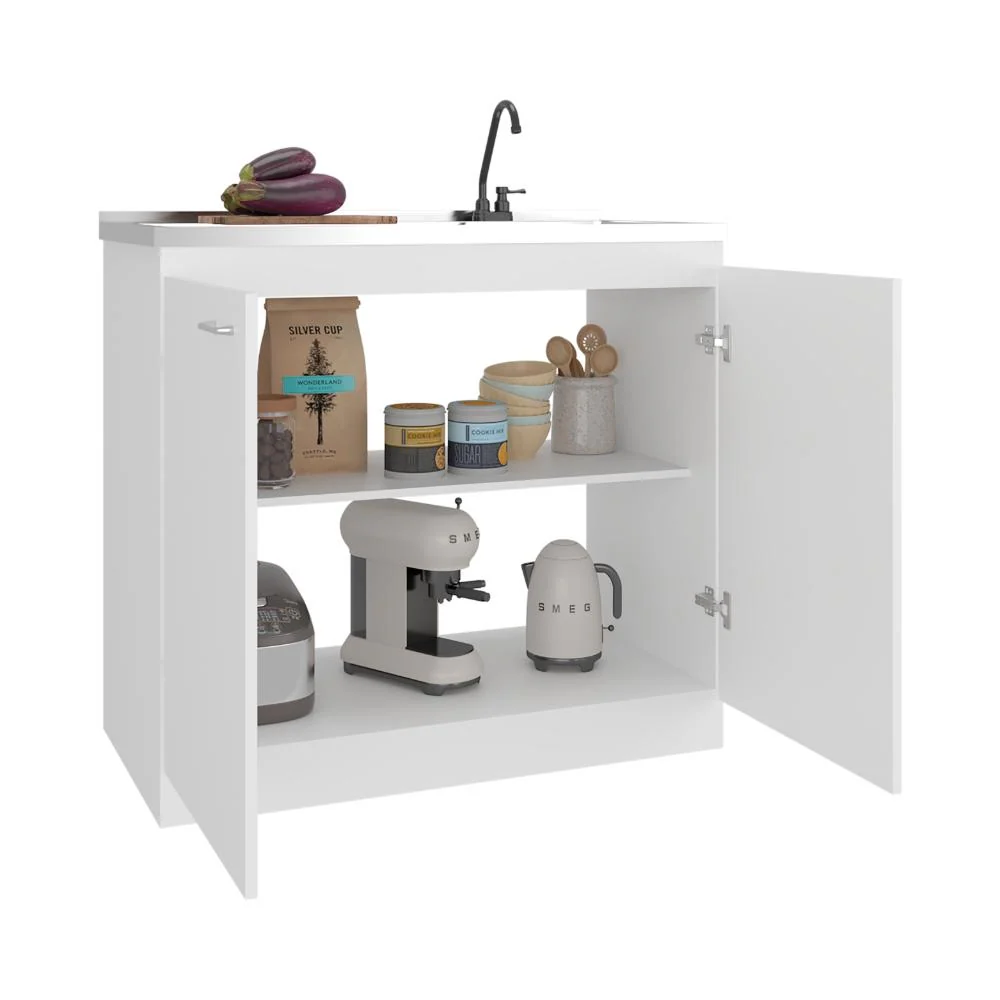 Gabinete Inferior Cantabria, Kronos Blanco Duqueza, con dos Puertas Abatibles- Mesón Izquierdo y Griferí ZF Virtual Mueble...