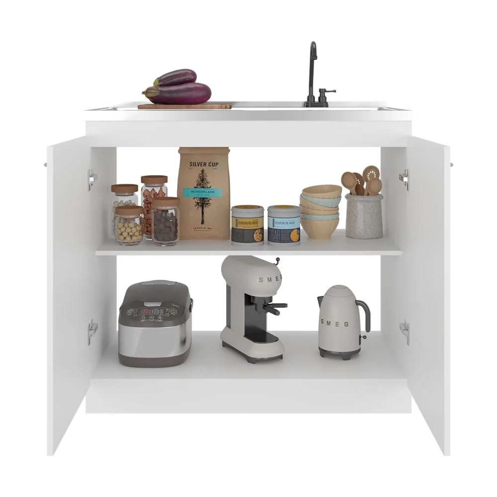 Gabinete Inferior Cantabria, Kronos Blanco Duqueza, con dos Puertas Abatibles- Mesón Izquierdo y Griferí ZF Virtual Mueble...