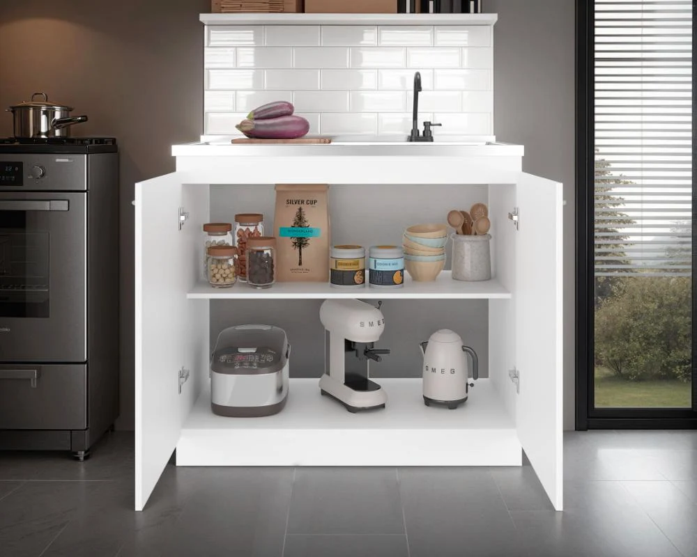 Gabinete Inferior Cantabria, Kronos Blanco Duqueza, con dos Puertas Abatibles- Mesón Izquierdo y Griferí ZF Virtual Mueble...