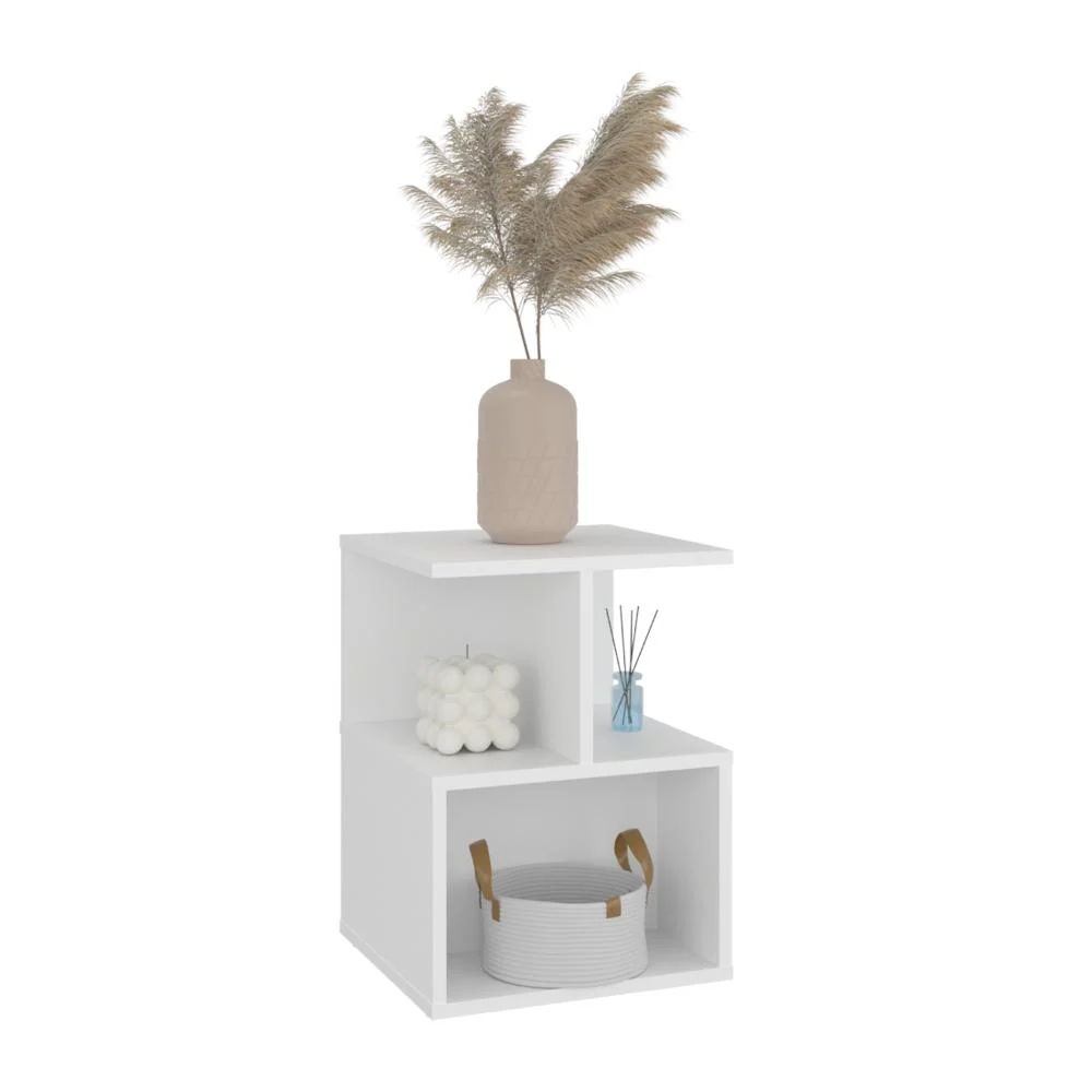 Mesa de Noche Ocaso, Blanco, Con variedad de entrepaños para ubicar objetos, diseño moderno ZF Virtual Muebles ZF