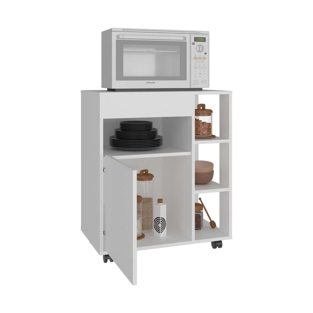 Modulo Microondas Con ruedas Kati, Kronos Blanco, una puerta abatible y compartimiento inferior de almacenamiento ZF Virtu...