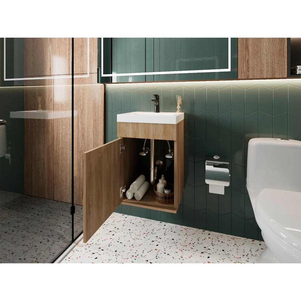 Mueble Lavamanos Flotante Oxford, Fresno Europeo, Incluye Lavamanos 40cm ZF Virtual Muebles ZF