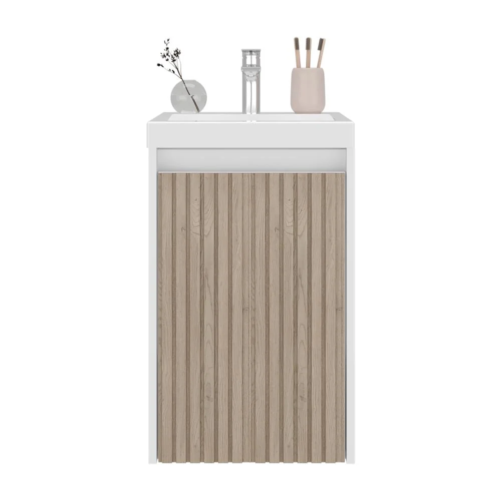 Mueble De Lavamanos Syra, Kronos Blanco Duqueza y Roble Natural, Con textura ranurada incluye lavamanos ZF Virtual Muebles ZF