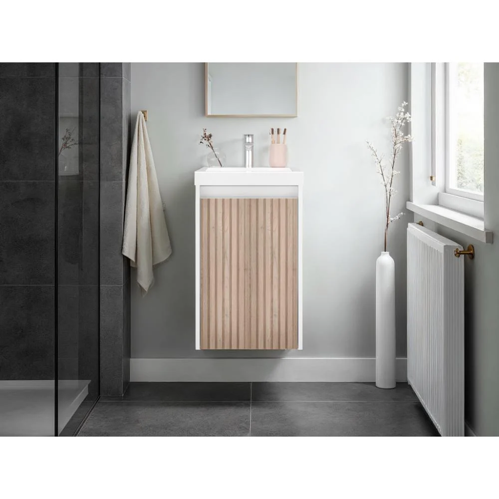 Mueble De Lavamanos Syra, Kronos Blanco Duqueza y Roble Natural, Con textura ranurada incluye lavamanos ZF Virtual Muebles ZF
