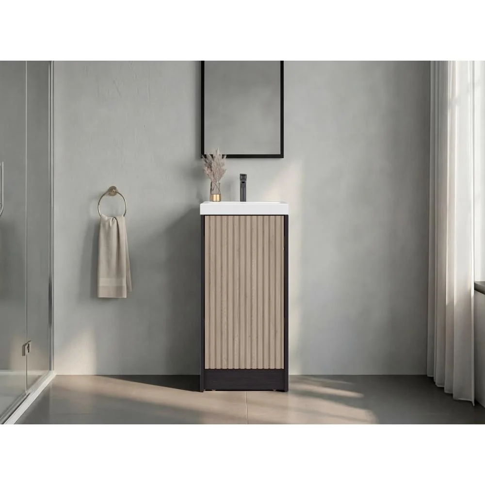 Mueble De Lavamanos Syra, Kronos Wengue y Roble Natural, Con textura ranurada incluye lavamanos ZF Virtual Muebles ZF