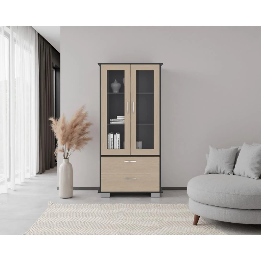 Vitrina Clasic, Wengue y Cartagena, con Dos Cajones ZF Virtual Muebles ZF