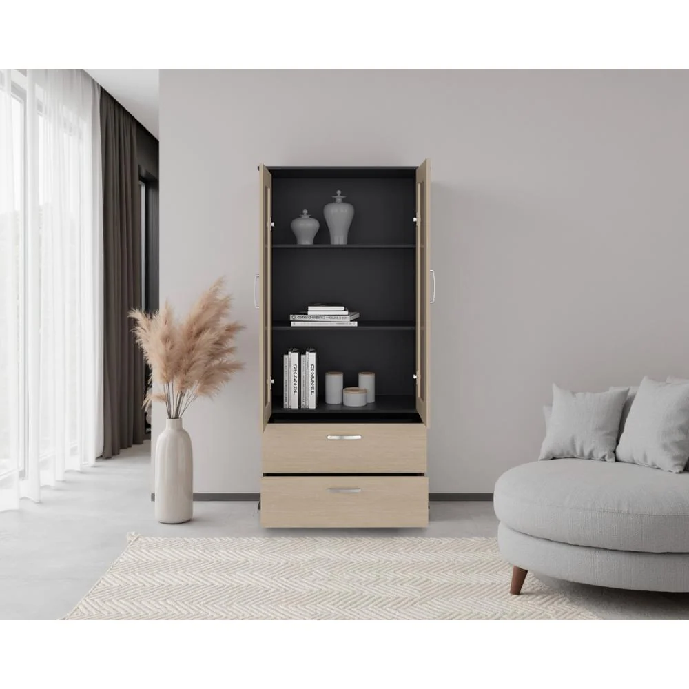 Vitrina Clasic, Wengue y Cartagena, con Dos Cajones ZF Virtual Muebles ZF