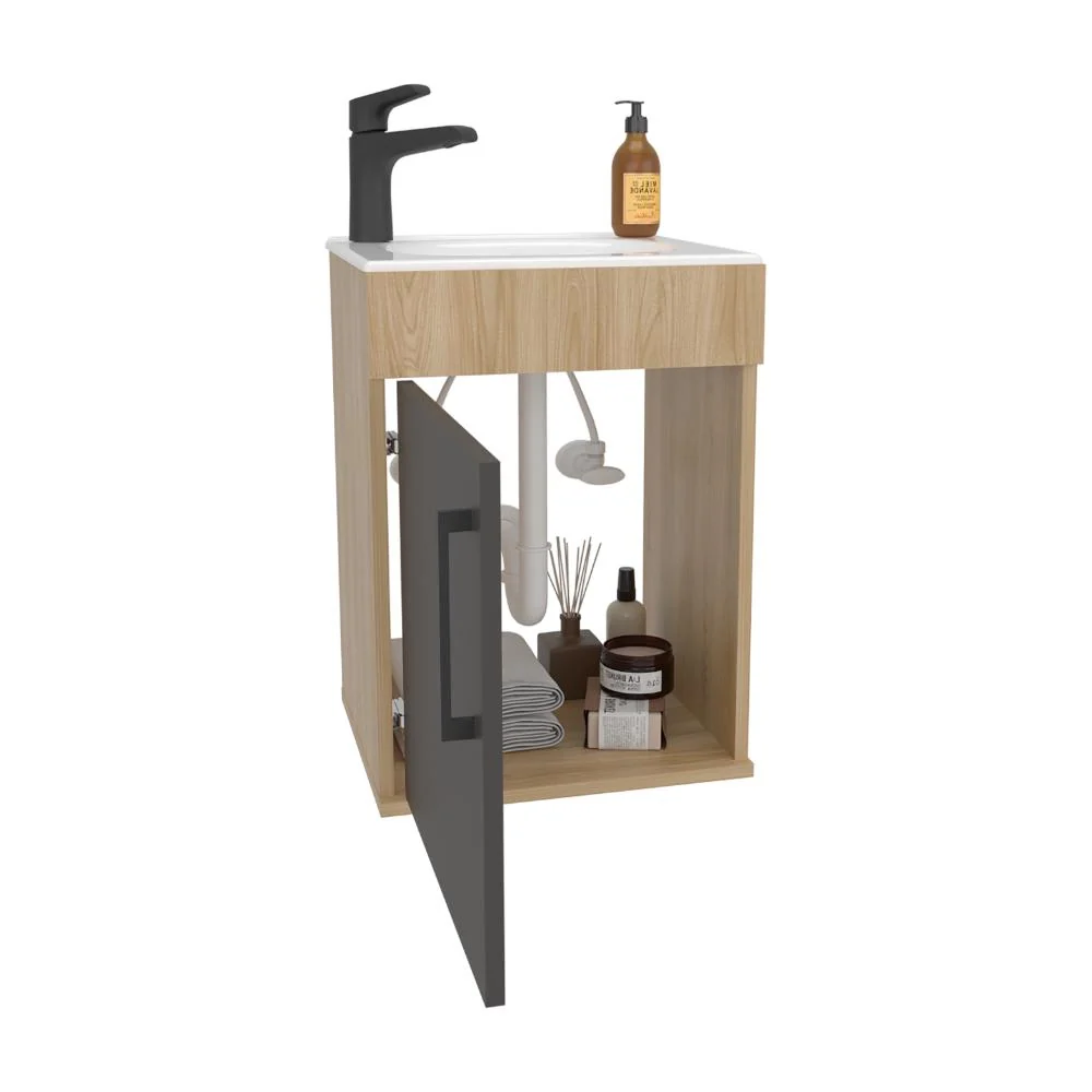 Mueble Lavamanos Oxford, Fresno europeo y Plata Oscuro, Incluye Lavamanos 40cm VM Hogar