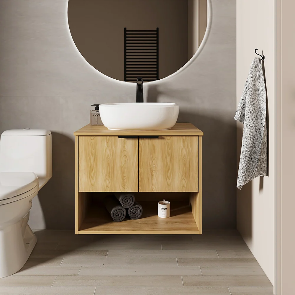 Mueble para Lavamanos Castel, Fresno Europeo, Incluye Lavamanos Corona en Porcelana Sanitaria VM Hogar