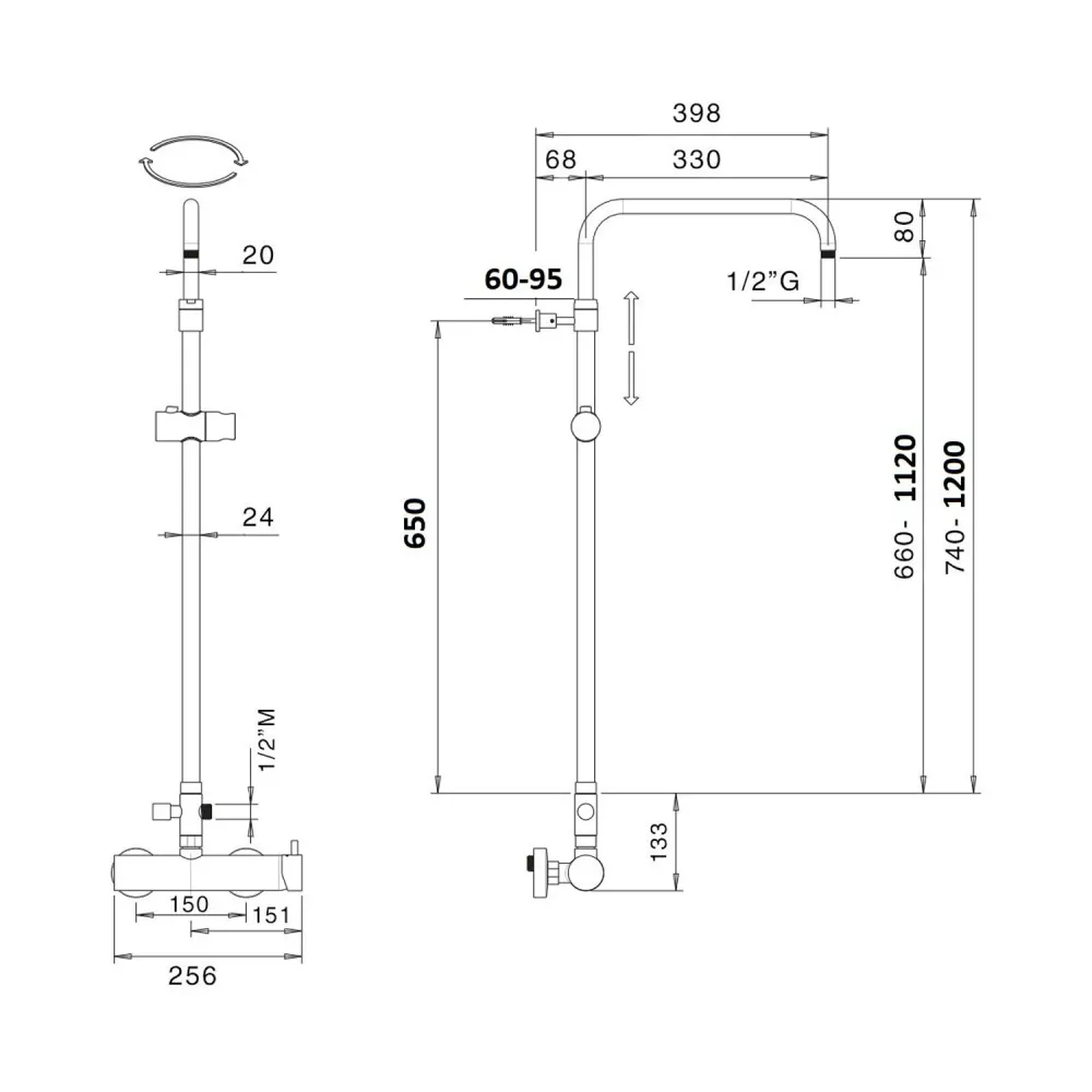Colonna doccia C40 regolabile con soffione Linz e deviatore MX1B