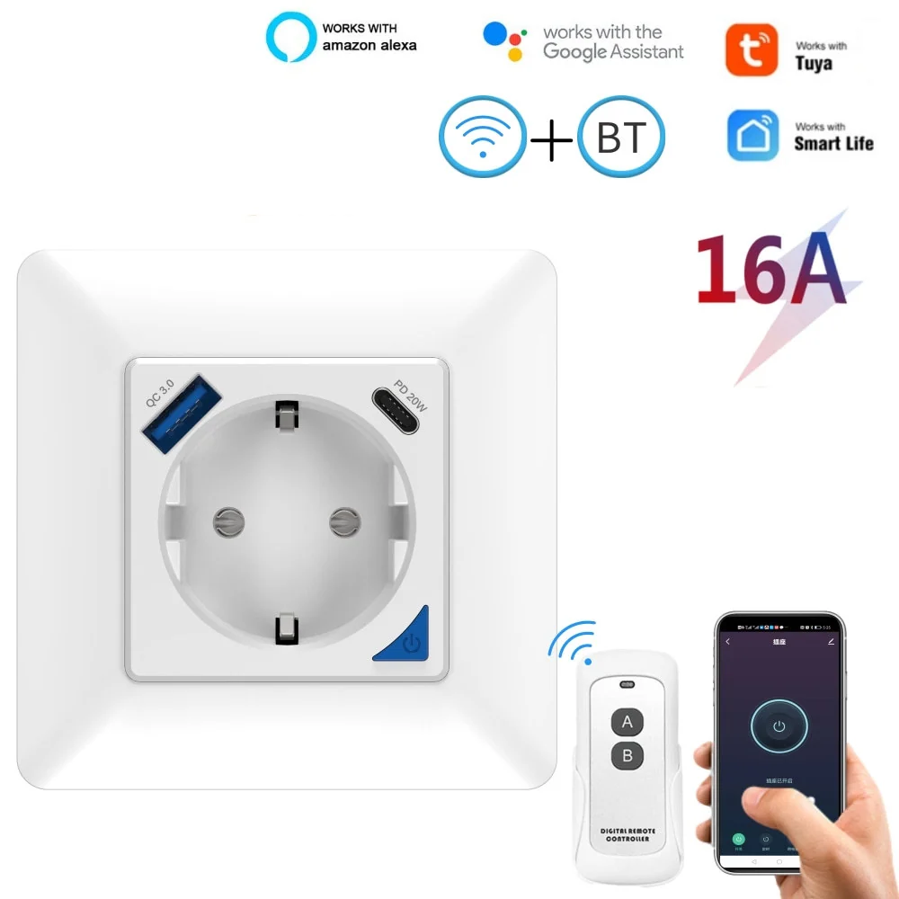 Baterías Recargables Wi-Fi Avanzado Power Socket EU Remote Control 16A Power Consumption Works Alexa Google Home Tuya Smar...