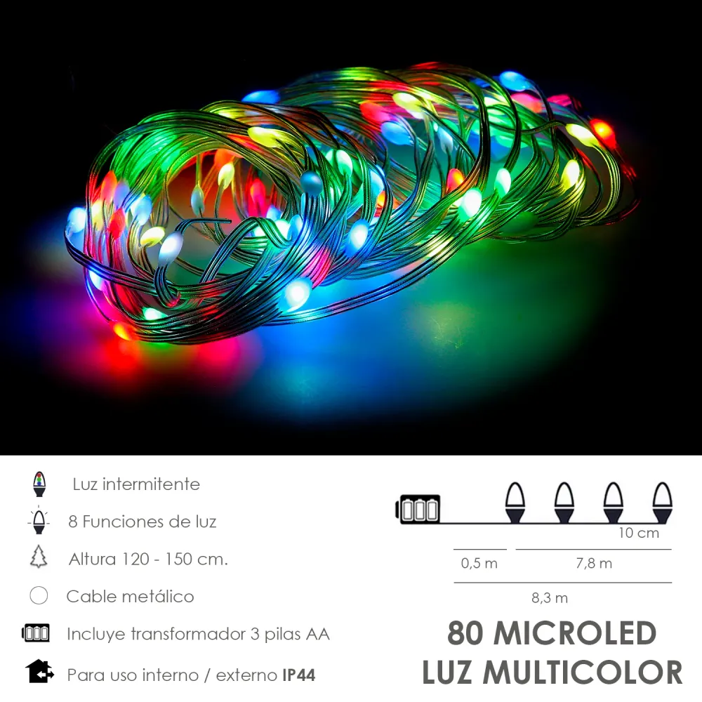 Luces Navidad Luz Colorido 80 Microled Pilas Con Mando. Uso Interno / Externo Protección IP44. 3 Baterias AA para Juguetes