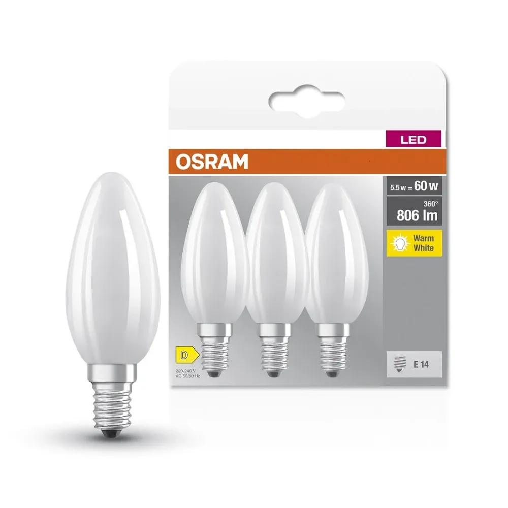 592551 3u LAMPARA VELA FIL LED MATE E14 5,5W 2700K BASE OSRAM con Garantí