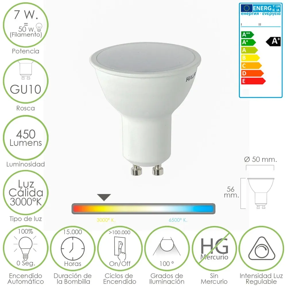Alta Duración Bombilla Led Dicroica Gu10. 7 W - 50 W Regulable. 450 Lumenes. Luz Calida (3000°K)