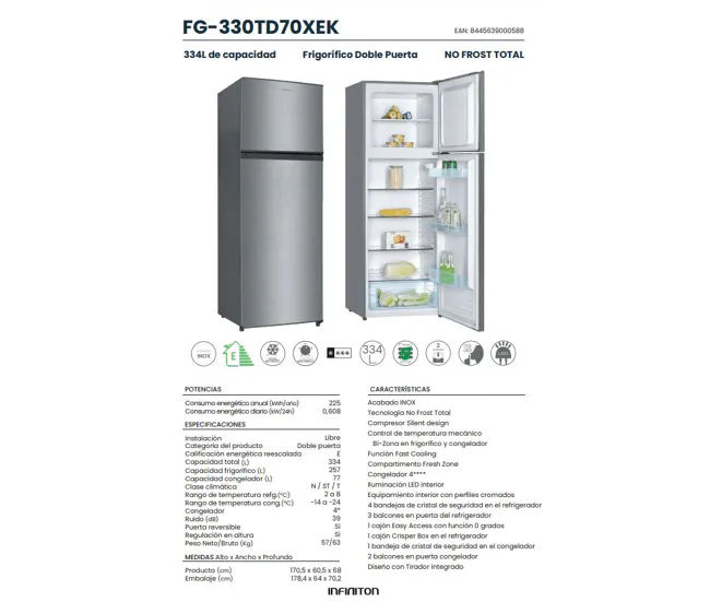 Alta Duración Frigorifico Dos Puertas Infiniton FG-330TD70XEK, 334l, 170 cm, E. Ciclico, Inox