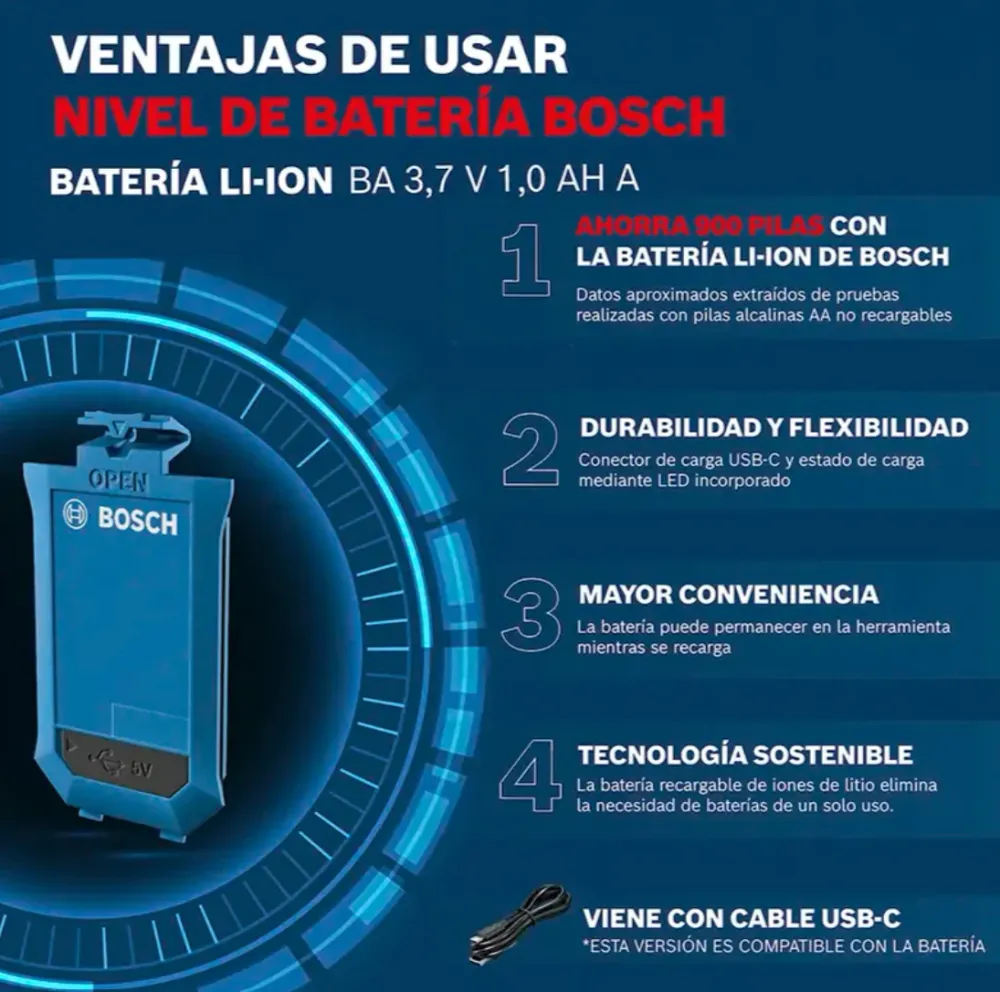 Baterí para Medidor Láser Bosch BA 3.7 V 1.0Ah | Recargables 1000 Veces |