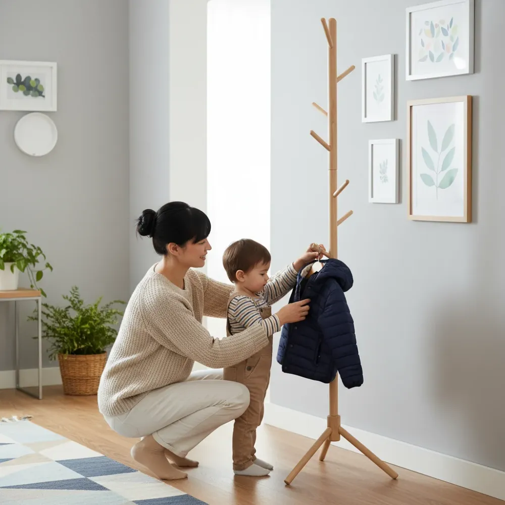 Beukenhouten kapstok met driepoot – minimalistisch design 37 × 37 × 170 cm