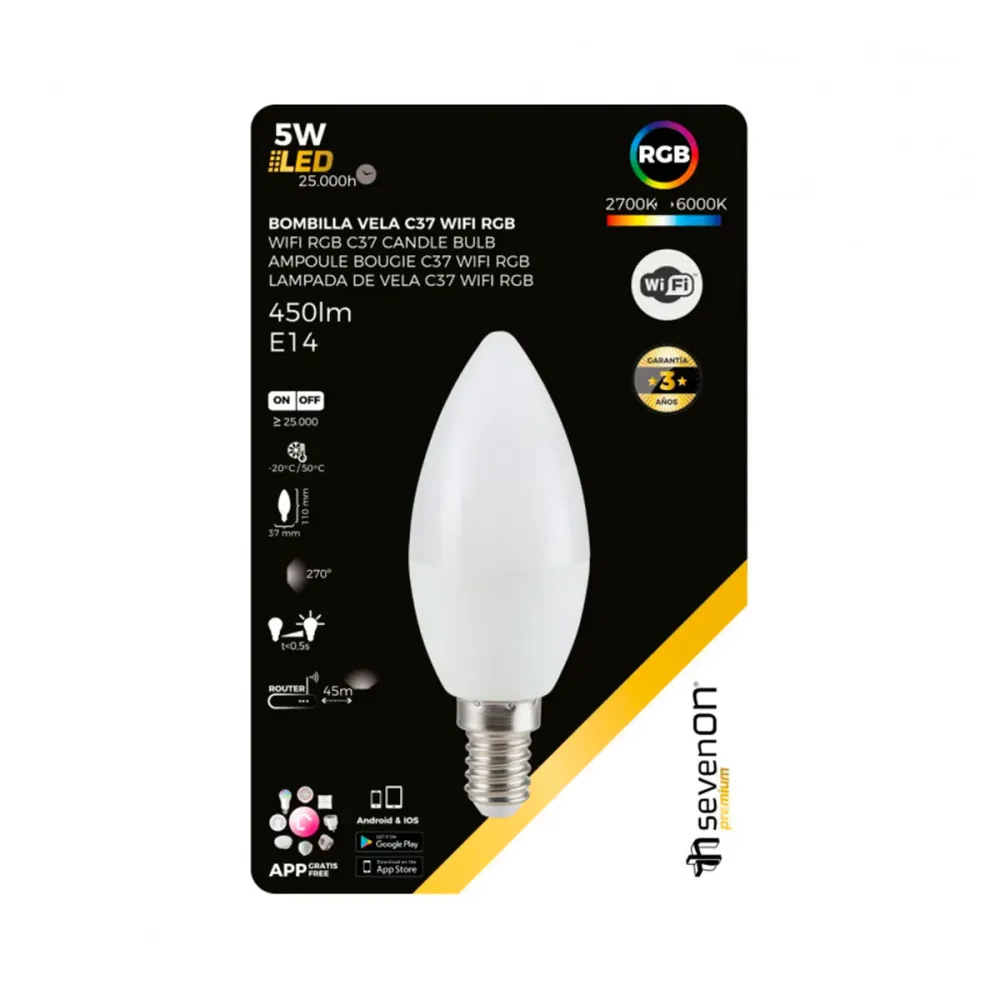 Bombilla LED 7hSevenOn vela 5W E14 RGB con wifi regulable via APP 450lm blanco Ø3,7x11cm con Certificación RoHS