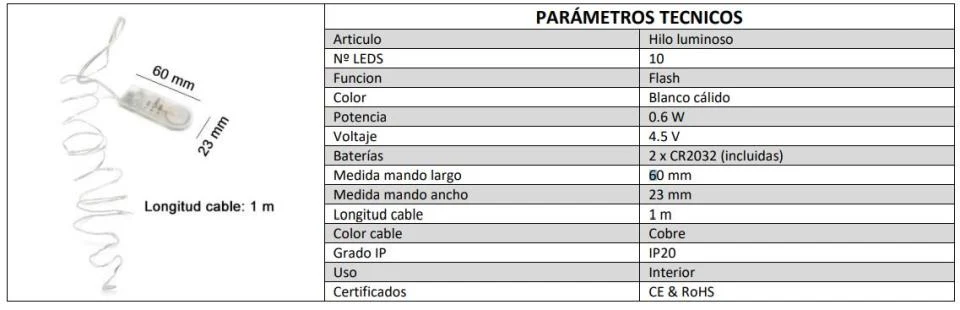 HILO LUMINOSO 3000K FLASH 1 METRO PILAS INTERIOR AA - 24 Unidades