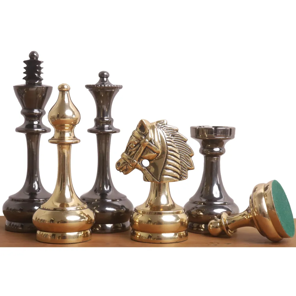 3.7" Juego de ajedrez de lujo de latón y metálico de la serie Splendor - Sólo piezas - Oro y gris metalizado