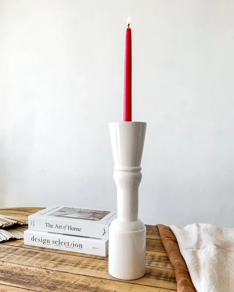 Porta Vela Cerámica Esmaltada Columna 37cm - Diseño Exclusivo