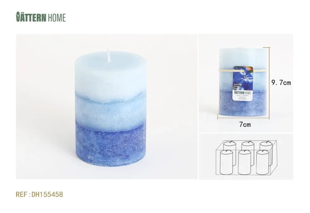 Vela de tres colores en forma de pilar de 7 x 9,7 cm con aroma jazmín (azul) que perdura 40 horas