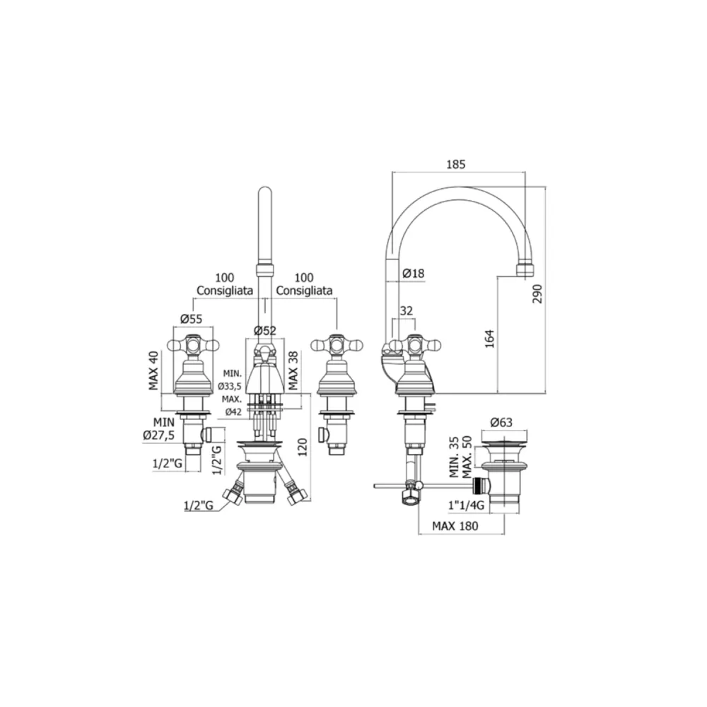 Cargador Inteligente Baterí de lavabo 3 orificios con caño orientable Paffoni serie Viola - Bronceado