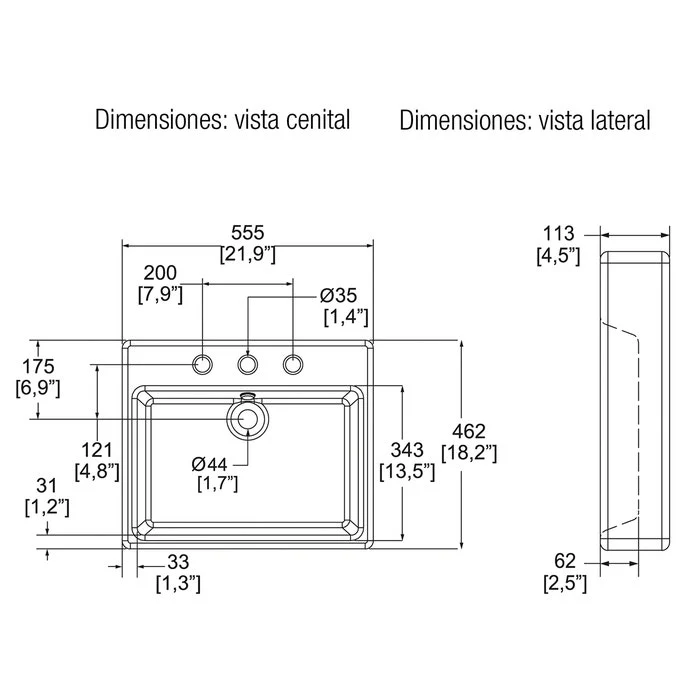 LAVABO DE TRES PERFORACION-LV LUCERNA 3 M con Cargador Incluido