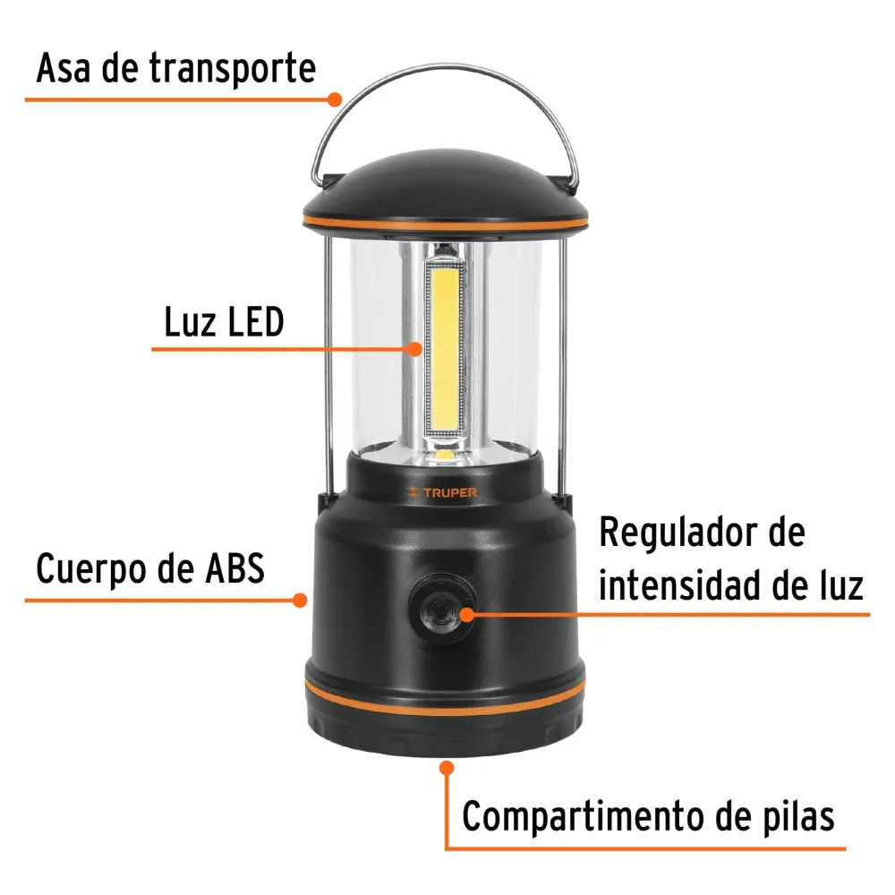 Lámpara LED de campamento, tipo farol, contiene 3 pilas D
