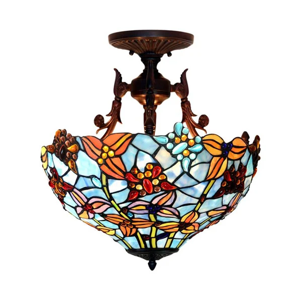 Lámpara de techo con vidrieras de 3 luces, iluminación semimontada en forma de cúpula, azul victoriano/azul evidente, para...