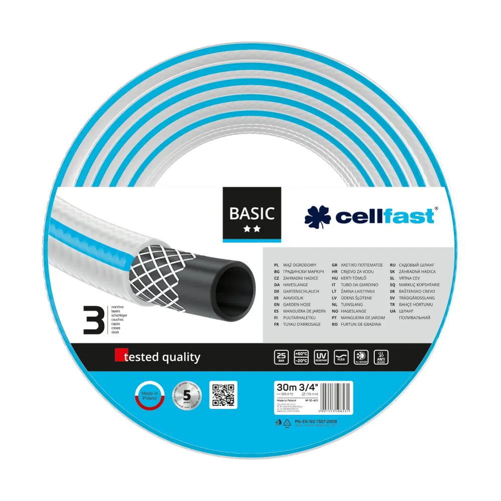 Manguera de jardín duradera de 3 capas Cellfast Sencillo 3/4" 30m | Recargables 1000 Veces |