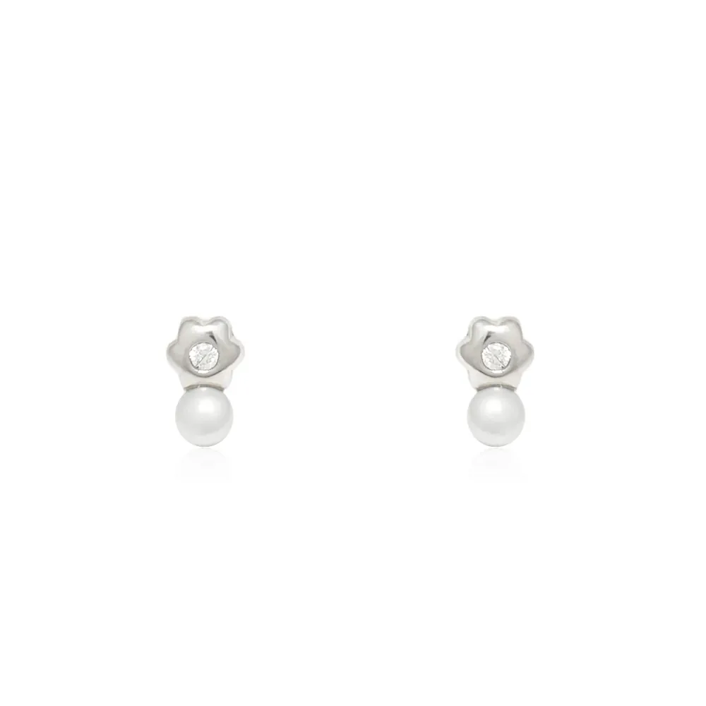 Pendientes Plata de Ley Perla Botón 3 mm Flor Circonita Brillo para Mandos Distancia