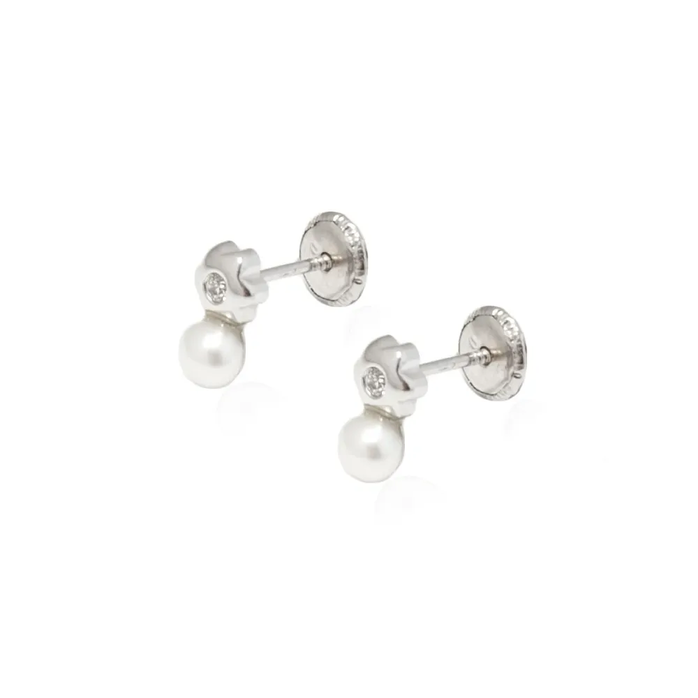 Pendientes Plata de Ley Perla Botón 3 mm Flor Circonita Brillo para Mandos Distancia