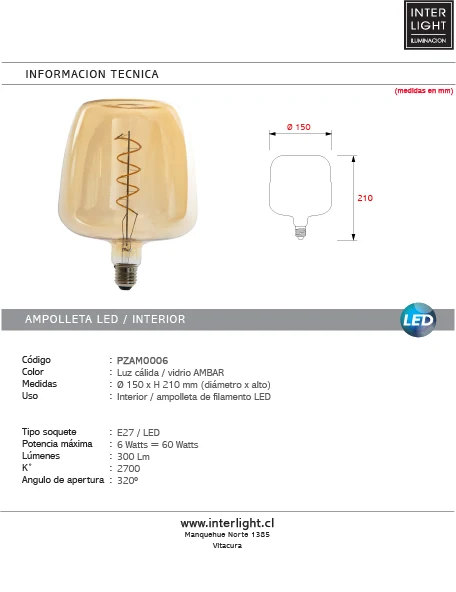 Ampolleta deco clásico luz cálida LED 6W E27 - PZAM0006
